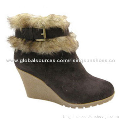 Women's dress ankle boots, Nobuck PU Upper + Rubber Wedge Sole, Rabbit Fur Shaft Edge, Various Color